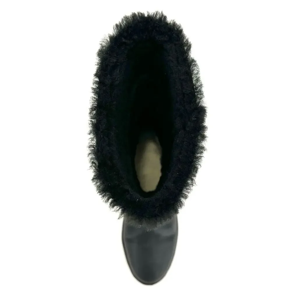 Dival Italy Elisa Black Winter Boot Sz 8 Leather Wool Lining Low Wedge Mid-Calf